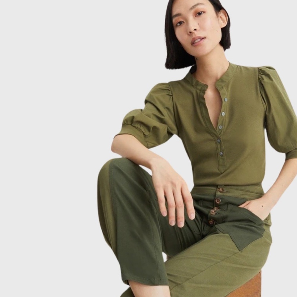 VERONICA BEARD Coralee green Puff-Sleeve Rib-Knit Top XS - Picture 2 of 9